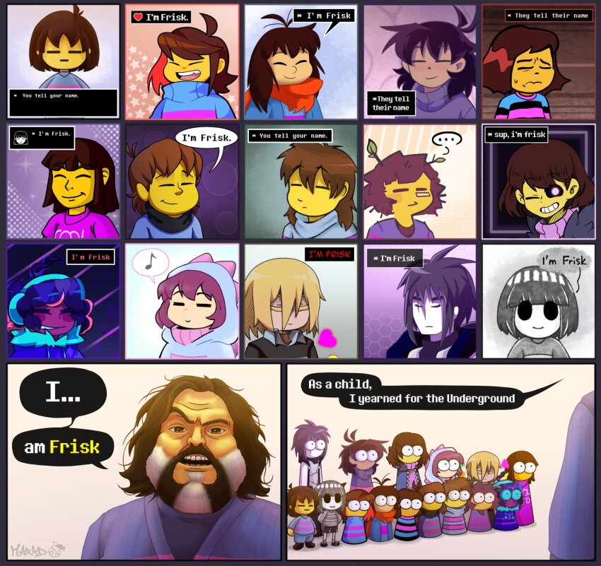 ..., 1boy, 6+others, a_minecraft_movie, alternate_universe, beard, black_hair, blonde_hair, blue_sweater, brown_hair, bulging_eyes, closed_mouth, colored_skin, dinosaur_costume, english_text, eye_pop, facial_hair, frisk_(undertale), heart, highres, i_am_steve_(meme), jack_black, looking_at_another, maxxdisamnesic, meme, minecraft, multiple_others, musical_note, open_mouth, purple_hair, purple_sweater, real_life, sans_(undertale), short_hair, smile, solid_oval_eyes, speech_bubble, spoken_ellipsis, spoken_musical_note, sweater, talking, undertale, undertale_au, upper_body, utdr_(toby_fox), yellow_skin