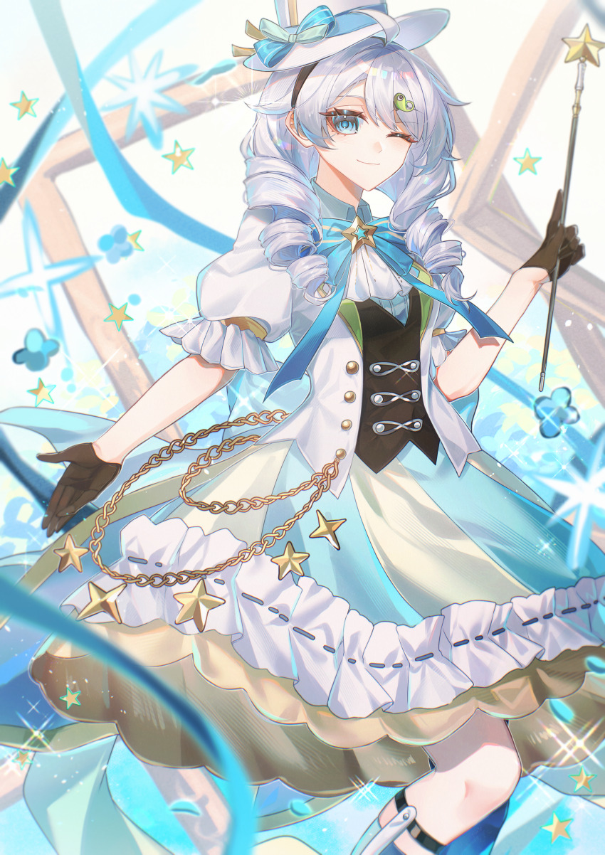 1girl, absurdres, honkai_gakuen, black_gloves, blue_bow, blue_bowtie, blue_dress, blue_eyes