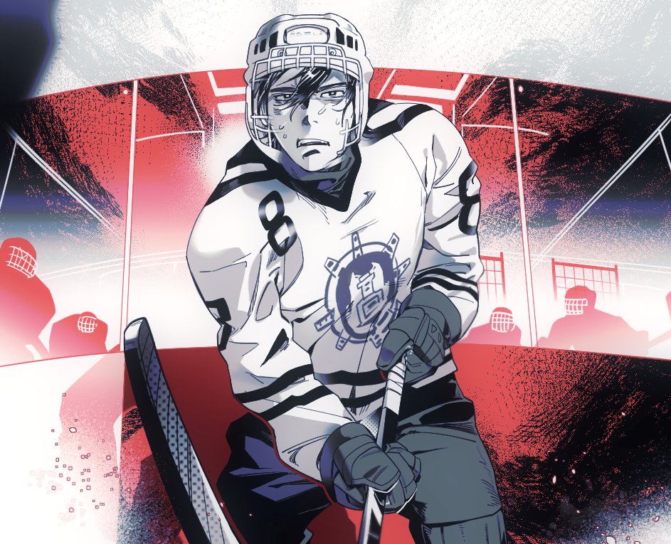 1boy, black_hair, commentary_request, dogsred, genma_keiichi, gloves, hair_between_eyes, hockey_gloves, hockey_helmet, hockey_stick, hockey_uniform, holding_hockey_stick, ice_hockey, jersey, long_sleeves, luke_skyfaller, male_focus, monochrome, pants, shirt, solo, teeth, white_shirt