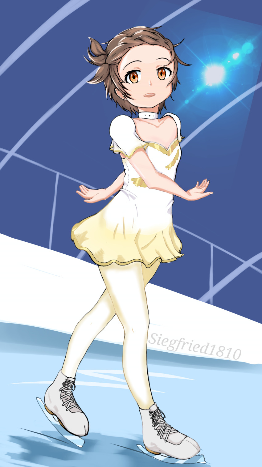 1girl, absurdres, arena, braid, brown_hair, child, grey_shoes, highres, ice_skates, ice_skating, medalist_(manga), shoes, short_hair, siegfried1810, skates, skating, yuitsuka_inori