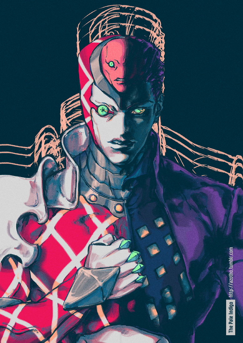 1boy, 1other, artist_name, colored_sclera, commentary, diavolo, epitaph_(jojo), green_eyes