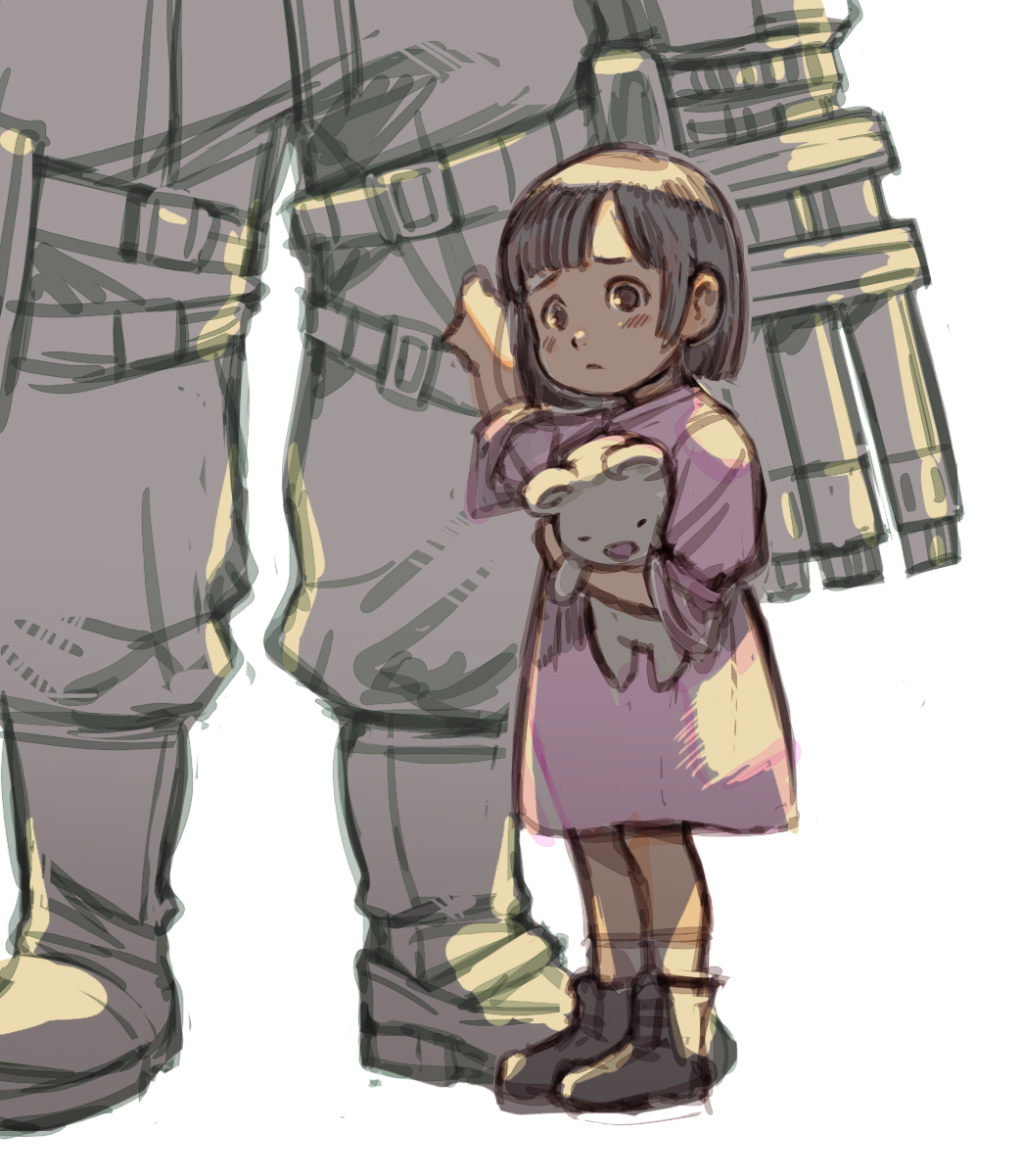 1boy, 1girl, barret_wallace, black_boots, black_hair, boots, closed_mouth, dress