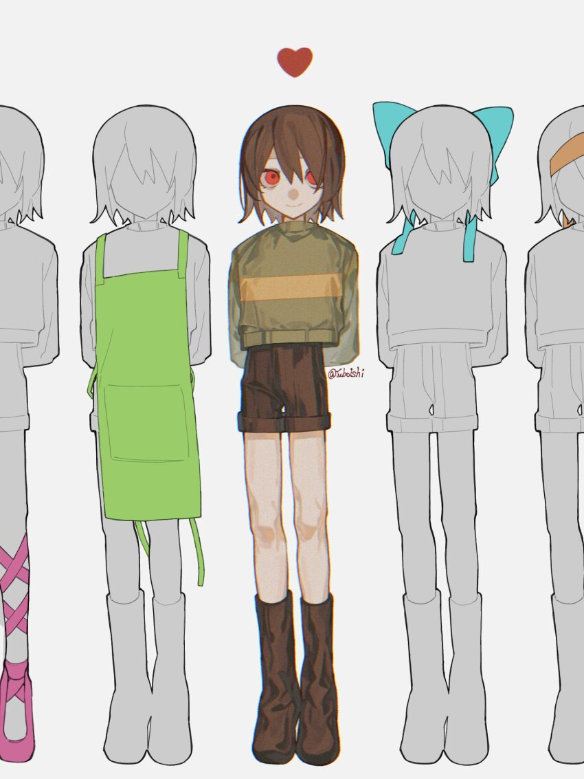 5others, apron, arms_behind_back, bandana, blue_ribbon, boots, bravery_(undertale), bravery_(undertale)_(cosplay)
