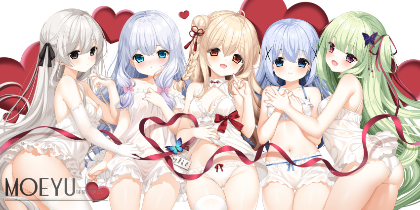 5girls, :d, :t, ass, bare_shoulders, blue_eyes, blue_hair, blush