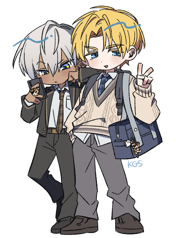 2boys, artist_name, bag, bag_charm, black_jacket, black_pants, black_shoes, blonde_hair, blue_bag, blue_eyes, blue_necktie, breast_pocket, brown_necktie, brown_shoes, brown_sweater, cellphone, charm_(object), closed_mouth, collared_shirt, commentary_request, creepyday, dark-skinned_male, dark_skin, elbow_on_another's_shoulder, ex_albio, ex_albio_(4th_costume), frown, green_eyes, grey_pants, hair_between_eyes, hand_in_pocket, hand_up, holding, holding_phone, ibrahim_(nijisanji), jacket, lapels, long_sleeves, looking_at_viewer, male_focus, multicolored_eyes, multiple_boys, necktie, nijisanji, official_alternate_costume, open_clothes, open_jacket, open_mouth, pants, parted_bangs, phone, plaid_clothes, plaid_necktie, pocket, school_bag, school_uniform, shirt, shirt_tucked_in, shoes, short_hair, simple_background, smartphone, smile, standing, sweater, v, virtual_youtuber, white_background, white_hair, white_shirt, wing_collar