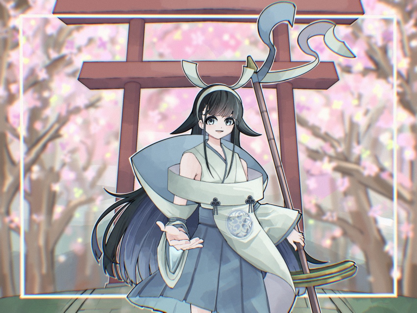 1girl, black_hair, broom, cherry_blossoms, duel_monster, green_eyes, hair_ribbon, highres