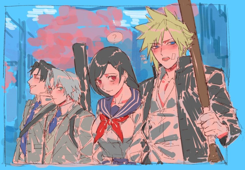 1girl, 3boys, ?, angeal_hewley, angeal_hewley_(shinra_private_academy), averting_eyes, bandaid, bandaid_on_cheek