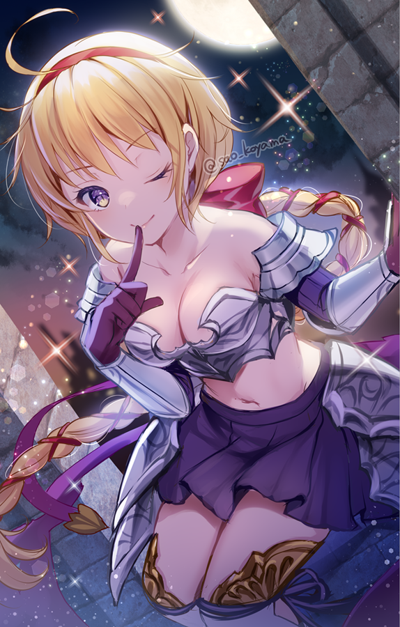 1girl, blonde_hair, blue_eyes, blue_skirt, breasts, cat_(saga), cleavage, closed_mouth