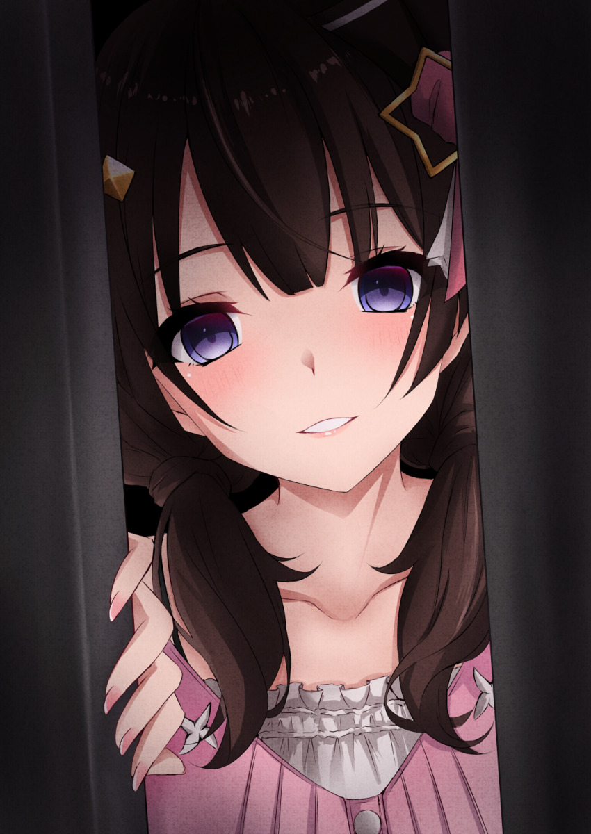 1girl, blunt_bangs, brown_eyes, brown_hair, camisole, crazy_smile, door, doorway