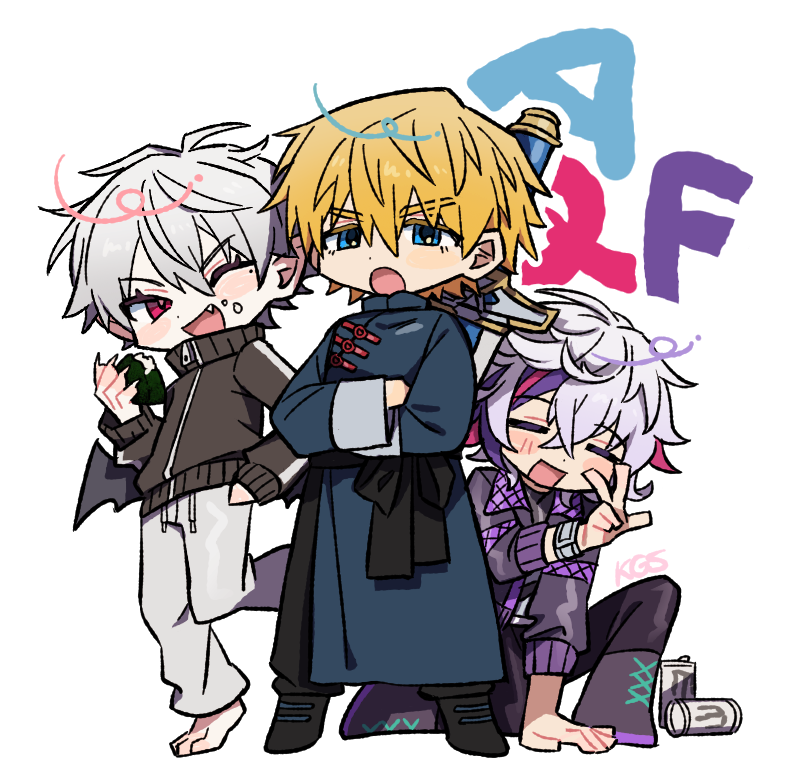 3boys, :d, :o, ;d, ^_^, antenna_hair, artist_name, barefoot