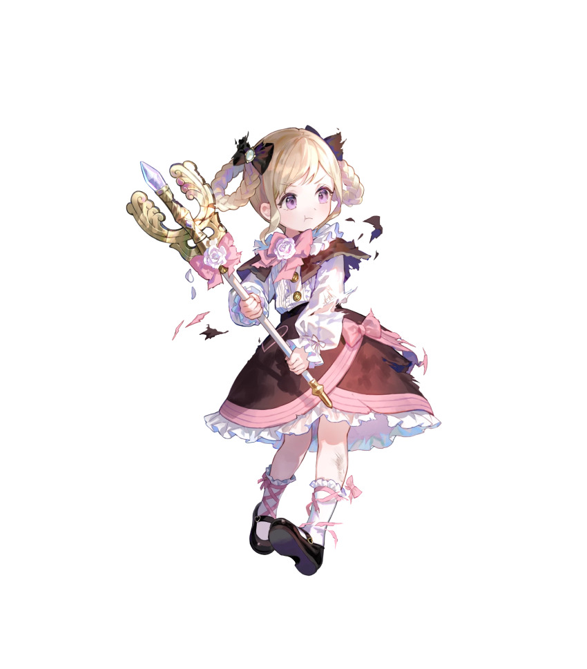 1girl, :t, aged_down, black_ribbon, brooch, elise_(fire_emblem), elise_(sparkling_smile)_(fire_emblem), fire_emblem, fire_emblem_fates, fire_emblem_heroes, flower, flower_brooch, hair_ribbon, hair_rings, highres, holding, holding_staff, jewelry, nintendo, non-web_source, official_art, ribbon, rose, solo, staff, transparent_background, white_flower, white_rose