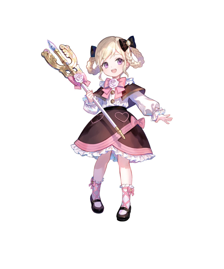 1girl, aged_down, black_ribbon, brooch, elise_(fire_emblem), elise_(sparkling_smile)_(fire_emblem), fire_emblem, fire_emblem_fates, fire_emblem_heroes, flower, flower_brooch, hair_ribbon, hair_rings, highres, holding, holding_staff, jewelry, nintendo, non-web_source, official_art, ribbon, rose, solo, staff, transparent_background, white_flower, white_rose