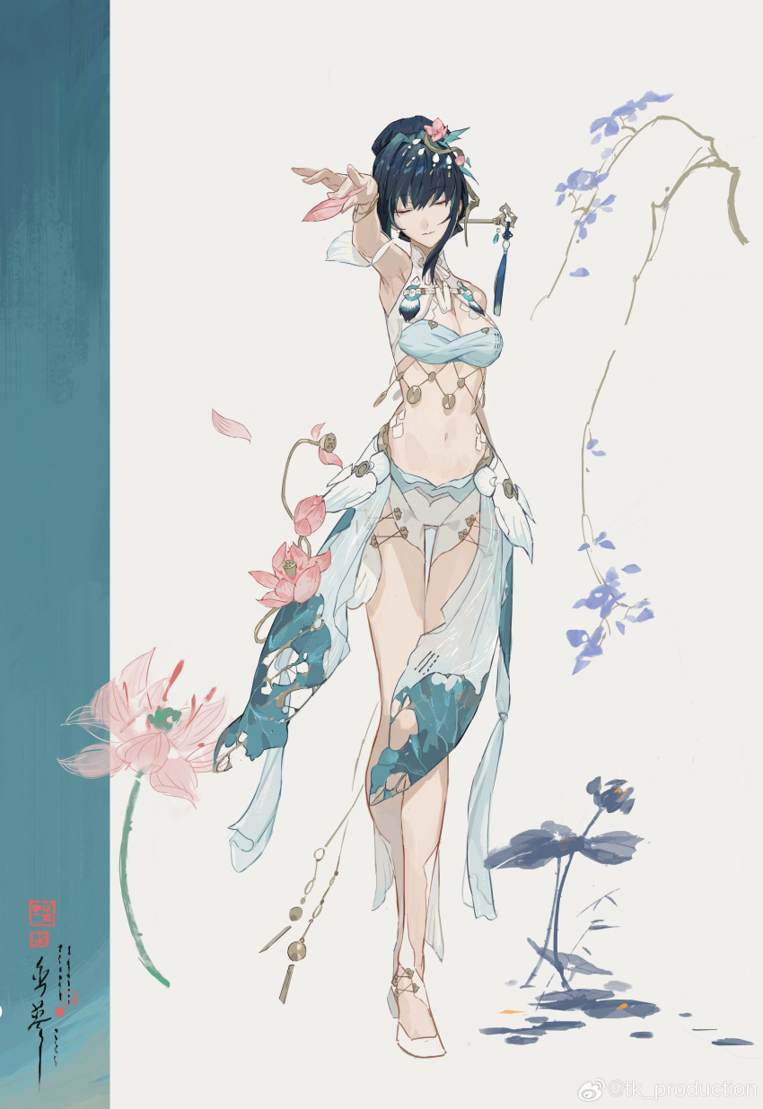 1girl, absurdres, aqua_shirt, aqua_skirt, bare_shoulders, blue_hair, chinese_hairpin, cropped_shirt