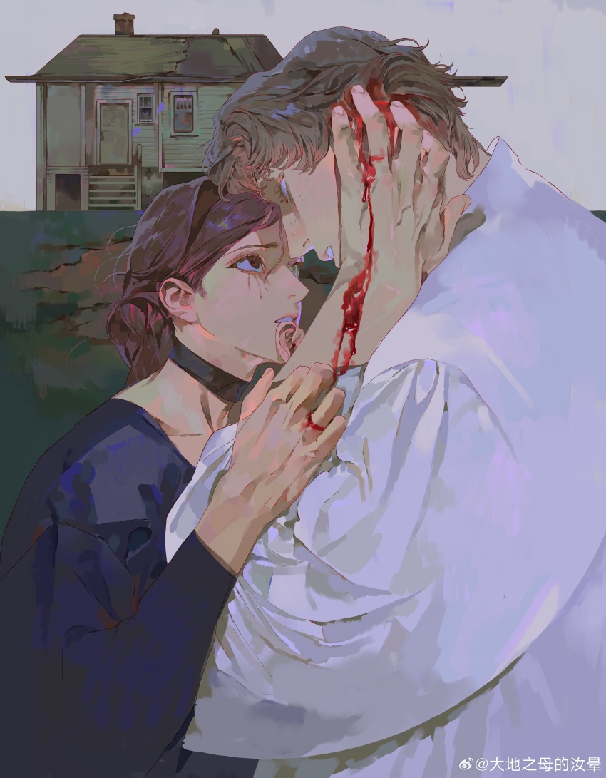 1boy, 1girl, absurdres, blood, blood_in_hair, blood_on_hands, brown_hair, cabin, choker, daphne_(mgong520), highres, holding_another's_arm, husband_and_wife, injury, looking_at_another, makeup, mgong520, original, runny_makeup, salvatore_(mgong520), shirt, upper_body, watermark, weibo_username, weibo_watermark, white_shirt, worried