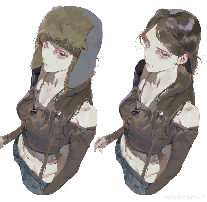 1girl, absurdres, brown_hair, cropped_torso, daphne_(mgong520), dutch_angle, from_above, grey_eyes, hat, highres, looking_at_viewer, mgong520, midriff, off-shoulder_shirt, off_shoulder, original, shirt, unworn_headwear, ushanka, white_background