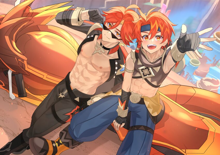 2boys, abs, absurdres, black_bandages, black_choker, black_gloves, black_jacket, black_pants