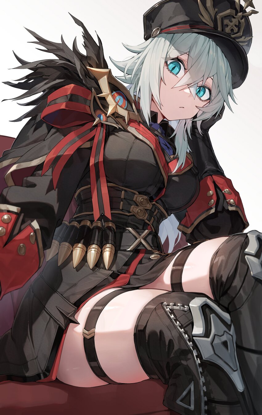 1girl, absurdres, alternate_costume, black_survival, boots, eternal_return:_black_survival, green_eyes, grey_hair