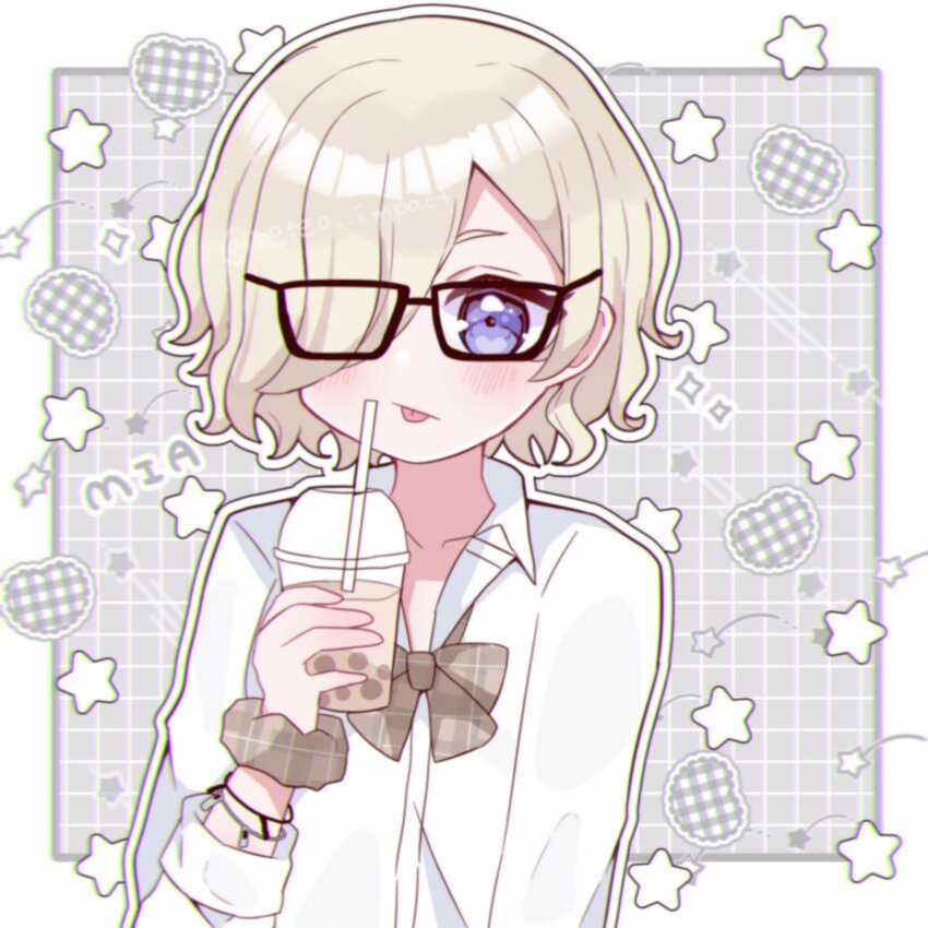 1girl, :/, :p, ametan_(meteo_impact), black-framed_eyewear, blonde_hair, blush, border