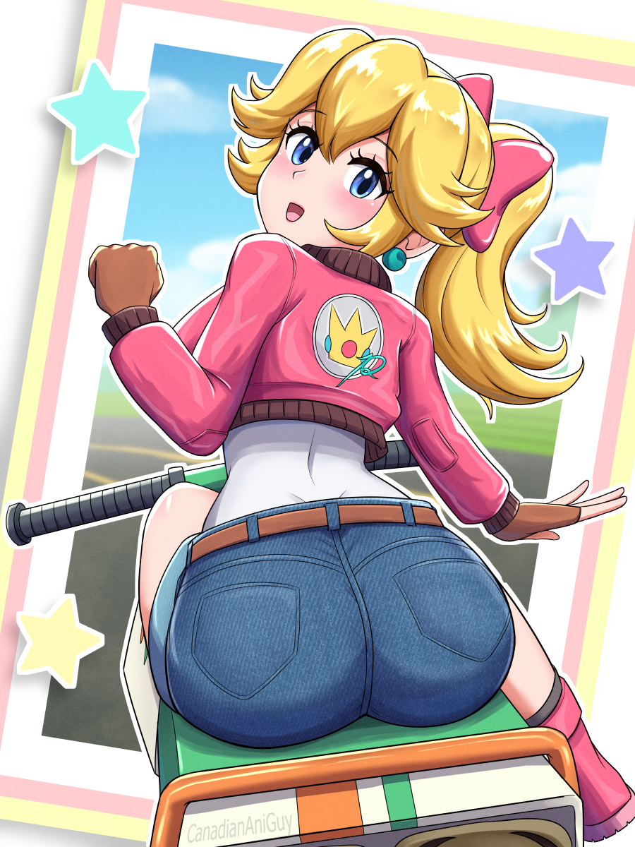 1girl, ass, ass_focus, blonde_hair, blue_eyes, blush, boots, bow