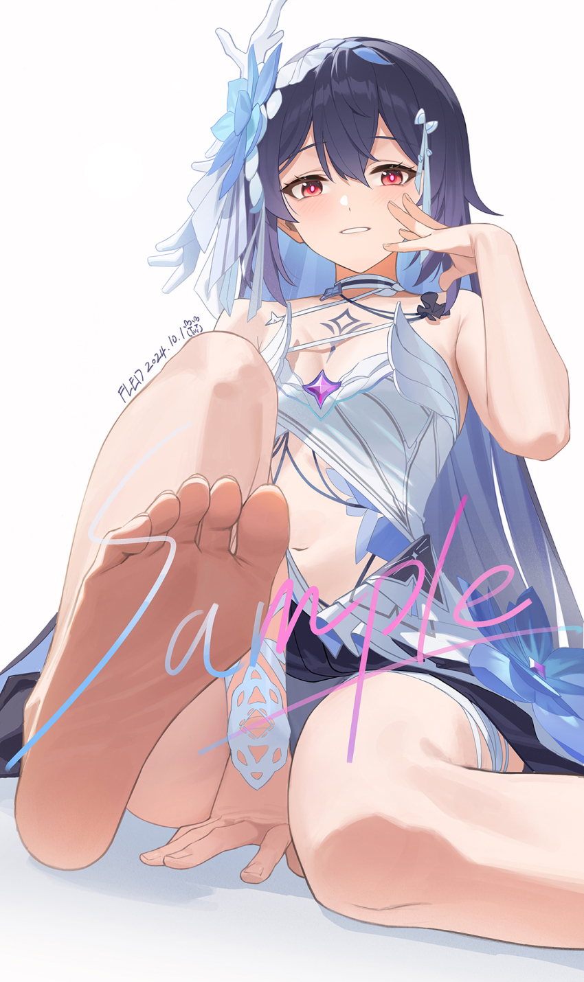 1girl, :d, artist_name, barefoot, blue_flower, blue_hair, breasts, chest_tattoo