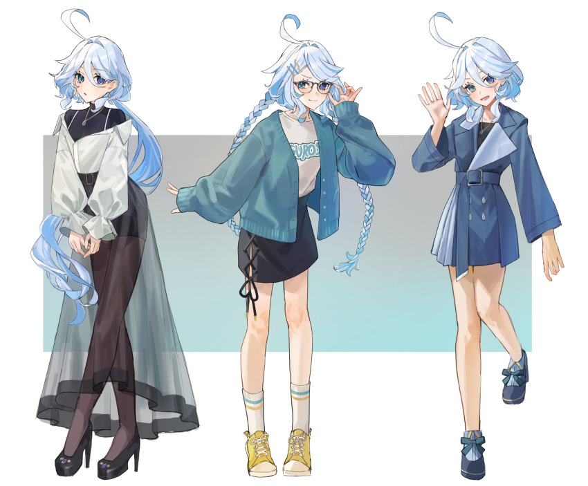1girl, absurdres, alternate_costume, alternate_hairstyle, asagihisui, black_shirt, black_shoes, black_skirt, blue_coat, blue_eyes, blue_hair, blue_jacket, blush, braid, brown_pantyhose, closed_mouth, coat, furina_(genshin_impact), genshin_impact, hair_between_eyes, hair_ornament, hairclip, heterochromia, high_heels, highres, jacket, jewelry, long_hair, long_sleeves, looking_at_viewer, low_ponytail, multicolored_hair, multiple_views, necklace, open_mouth, pantyhose, ponytail, shirt, shoes, simple_background, skirt, smile, sneakers, socks, streaked_hair, symbol-shaped_pupils, twin_braids, white_background, white_hair, white_shirt, white_socks, yellow_shoes