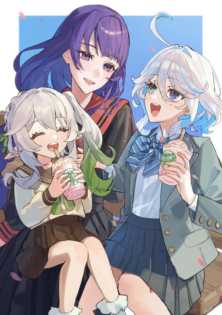 3girls, absurdres, asagihisui, black_serafuku, black_shirt, black_skirt, blue_background, blue_bow