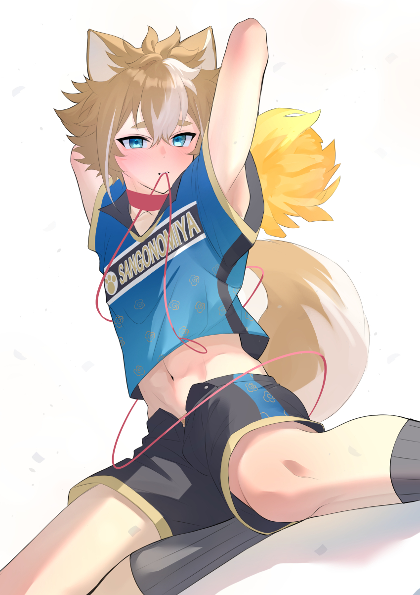 1boy, absurdres, animal_ears, aqua_eyes, arms_behind_head, arms_up, black_shorts, black_socks