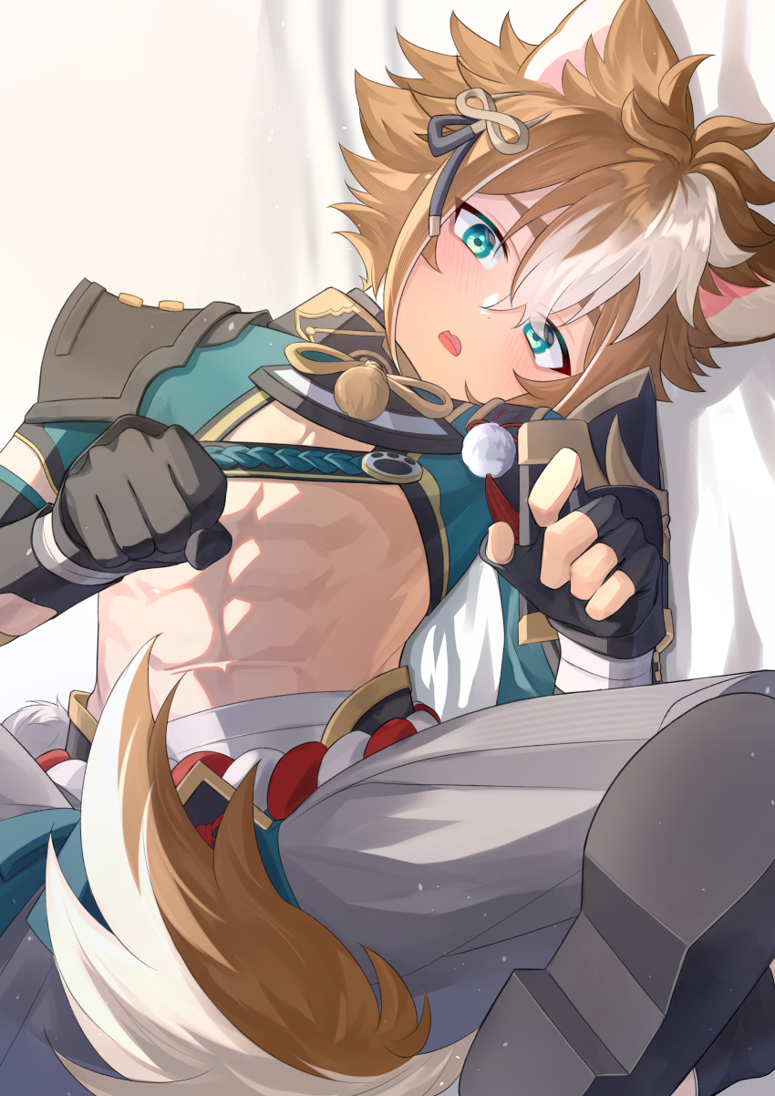 1boy, abs, absurdres, animal_ears, aqua_eyes, armor, black_gloves, blush