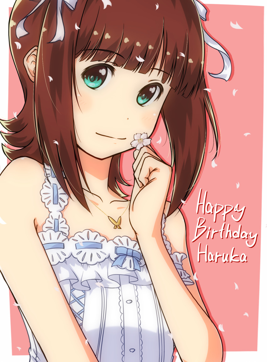 1girl, amami_haruka, blush_stickers, border, brown_hair, butterfly_necklace, character_name, closed_mouth