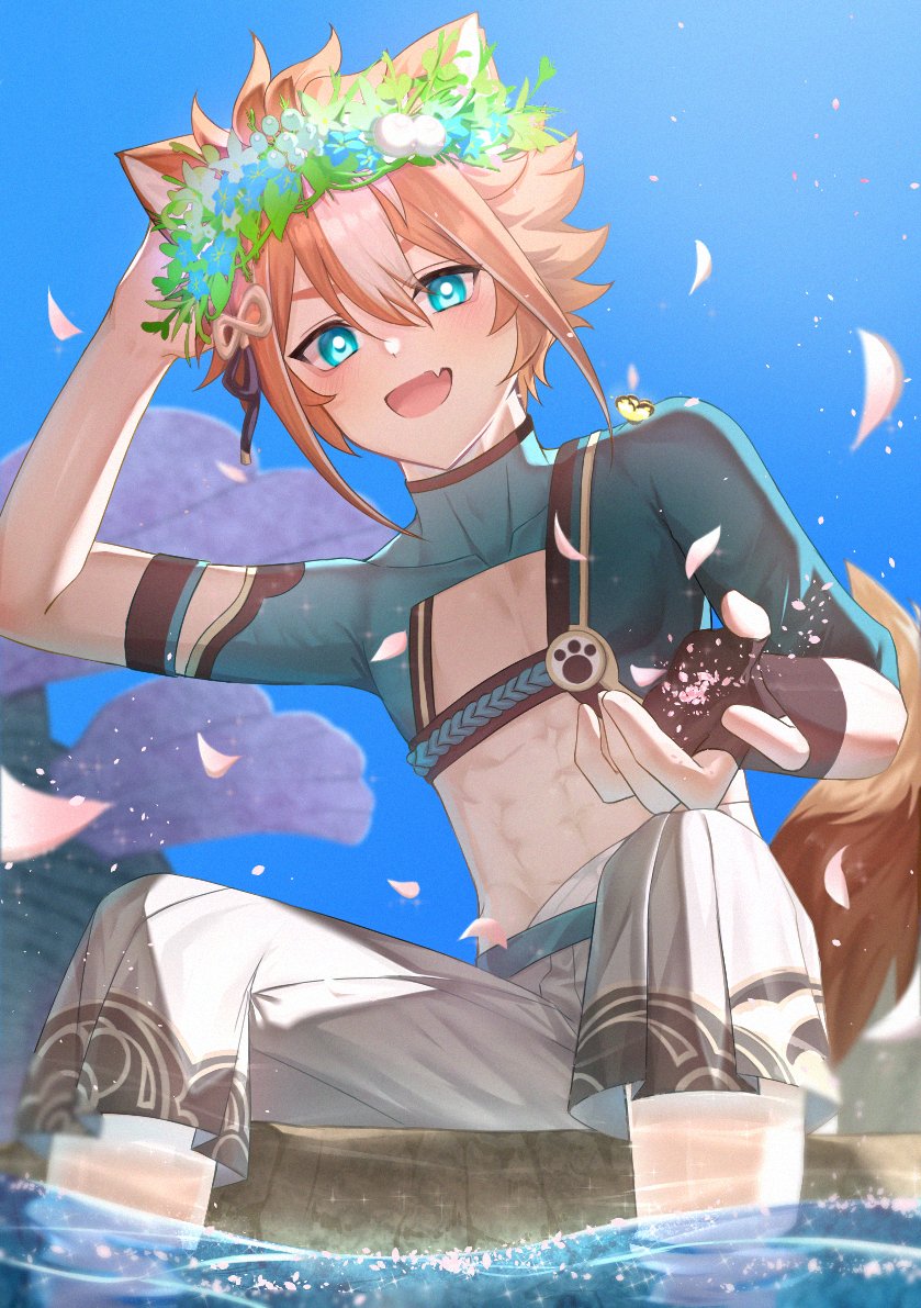 1boy, animal_ears, aqua_eyes, black_gloves, blush, brown_hair, brown_tail, crop_top