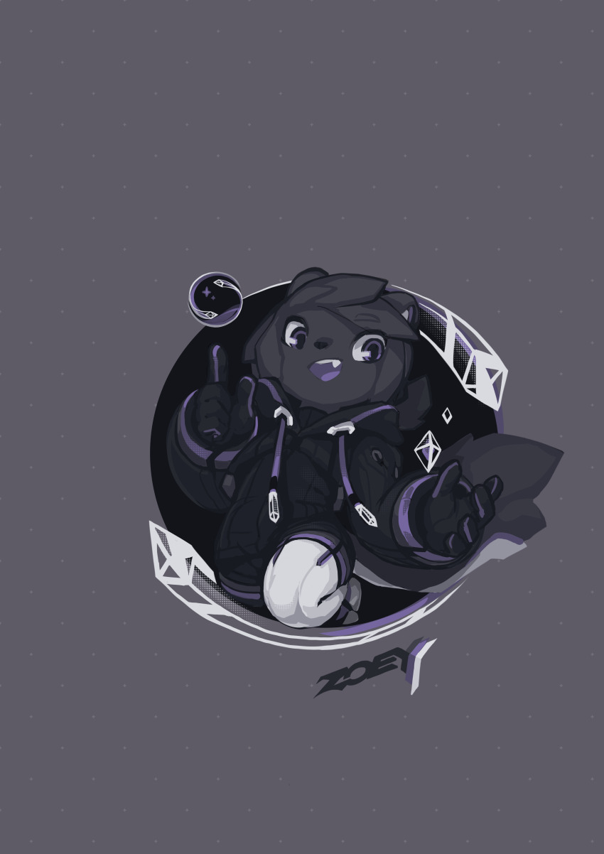 1boy, 2022, absurdres, bike_shorts, black_bodysuit, black_fur, black_gloves, black_hair, bodysuit, chibi, chinese_commentary, colored_tongue, commentary, crop_top, downturned_eyes, english_commentary, furry, furry_male, gloves, highres, hood, hooded_jacket, jacket, krita_(medium), leggings, long_sleeves, open_mouth, original, purple_eyes, purple_tongue, sable_(animal), shoes, signature, simple_background, smile, sneakers, spirit_animals_in_disguise, standing, standing_on_one_leg, trap, tsurime, tyson_tan, white_leggings, white_shoes, zoey_the_spirit_sable