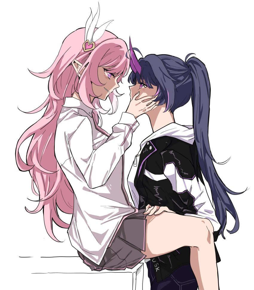 2girls, absurdres, black_hood, black_skirt, breasts, elf, elysia_(herrscher_of_human:_ego)_(honkai_impact), elysia_(honkai_impact), elysia_(impression:_ego)_(honkai_impact), from_side, hand_on_another's_cheek, hand_on_another's_face, hand_on_another's_thigh, hashtag-only_commentary, highres, honkai_(series), honkai_impact_3rd, horns, jacket, long_hair, looking_at_another, miniskirt, multiple_girls, official_alternate_costume, ogenwn7, pointy_ears, purple_eyes, purple_horns, raiden_mei, raiden_mei_(herrscher_of_thunder), simple_background, skirt, smile, thighs, very_long_hair, white_background, white_jacket, yuri