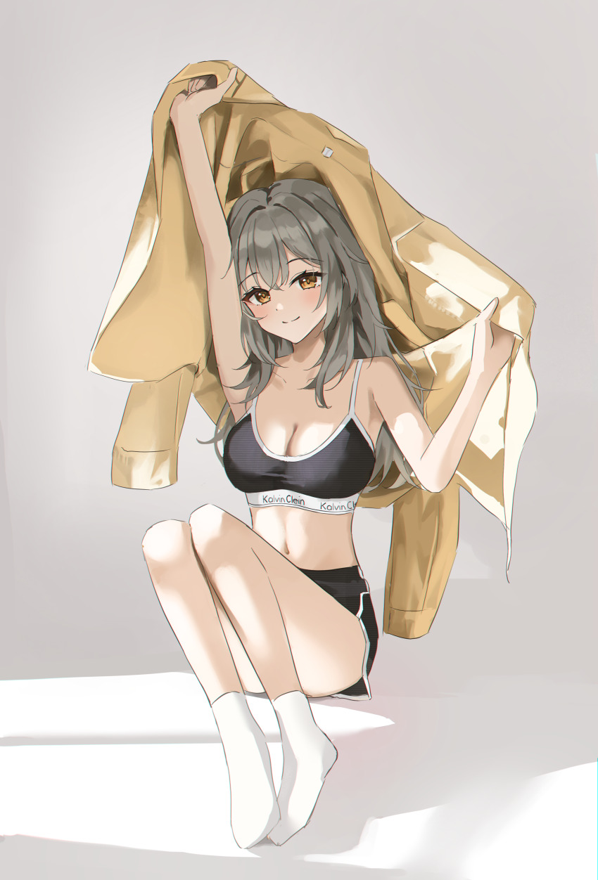 1girl, absurdres, black_bra, black_shorts, bra, breasts, calvin_klein, cleavage