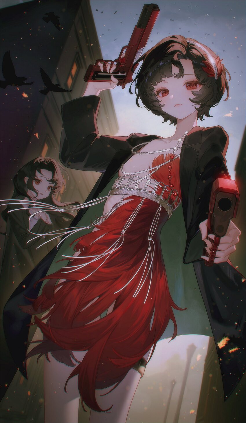 2girls, :<, absurdres, aiming, aiming_at_viewer, black_coat, black_hair, blue_sky, breasts, building, coat, cowboy_shot, dress, dutch_angle, feather_dress, feather_hair_ornament, feathers, from_below, gun, hair_ornament, hairband, hand_up, handgun, hands_up, highres, holding, holding_gun, holding_weapon, jewelry, long_hair, looking_at_viewer, m3lt_(m3ltingp0int), marian_(reverse:1999), multiple_girls, necklace, outdoors, own_hands_together, parted_lips, red_dress, red_eyes, red_feathers, reverse:1999, schneider_(reverse:1999), short_dress, short_hair, siblings, sisters, sky, small_breasts, thigh_strap, vignetting, weapon, white_hairband