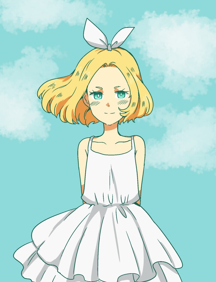 1girl, arms_behind_back, blonde_hair, blue_eyes, blue_sky, bright_pupils, classicaloid, closed_mouth, cloud, collarbone, dress, eyelashes, hair_ribbon, highres, koko_a_tarutarusousu, looking_at_viewer, pyotr_illyich_tchaikovsky_(classicaloid), ribbon, short_hair, sky, solo, white_dress, white_pupils, white_ribbon