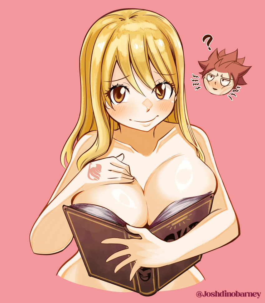 1boy, 1girl, ?, absurdres, artist_name, blonde_hair, boobs_in_book_(meme), book