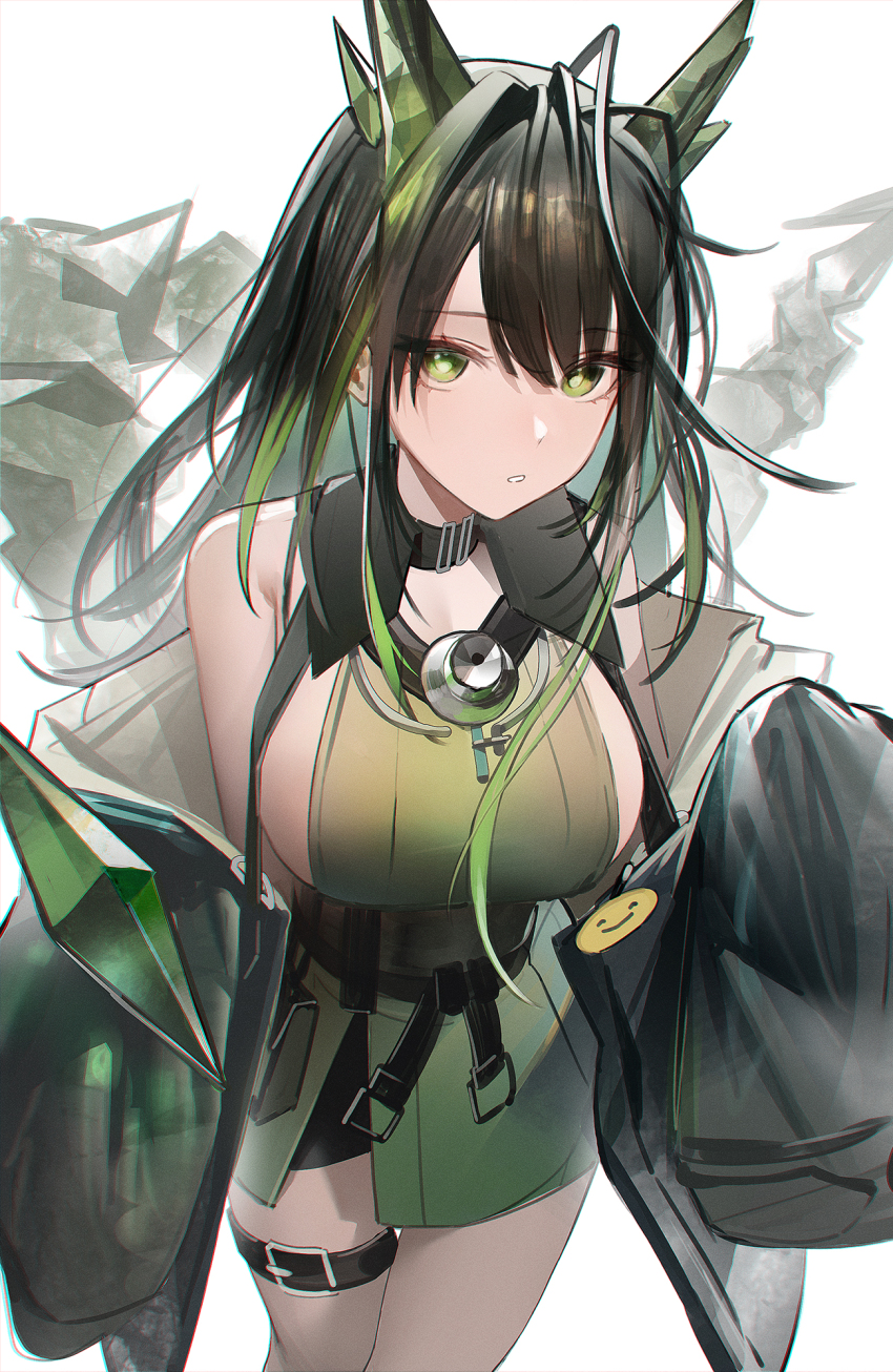 1girl, arknights, belt, black_hair, breasts, coat, dress, gamgi