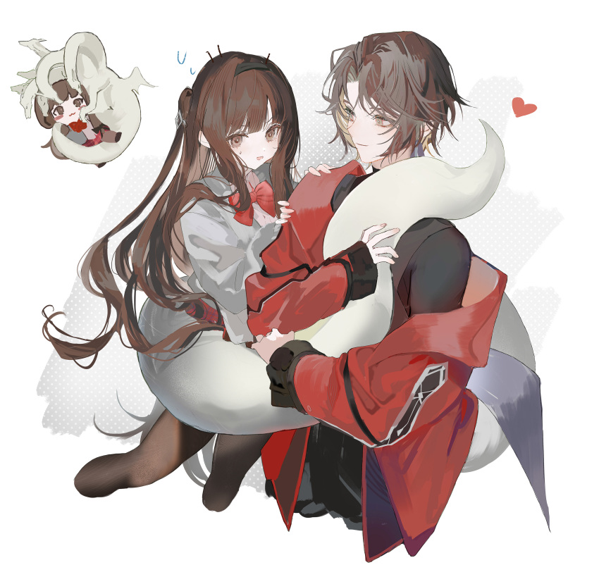 absurdres, bow, bowtie, brown_hair, green_eyes, grey_sweater, highres, jacket