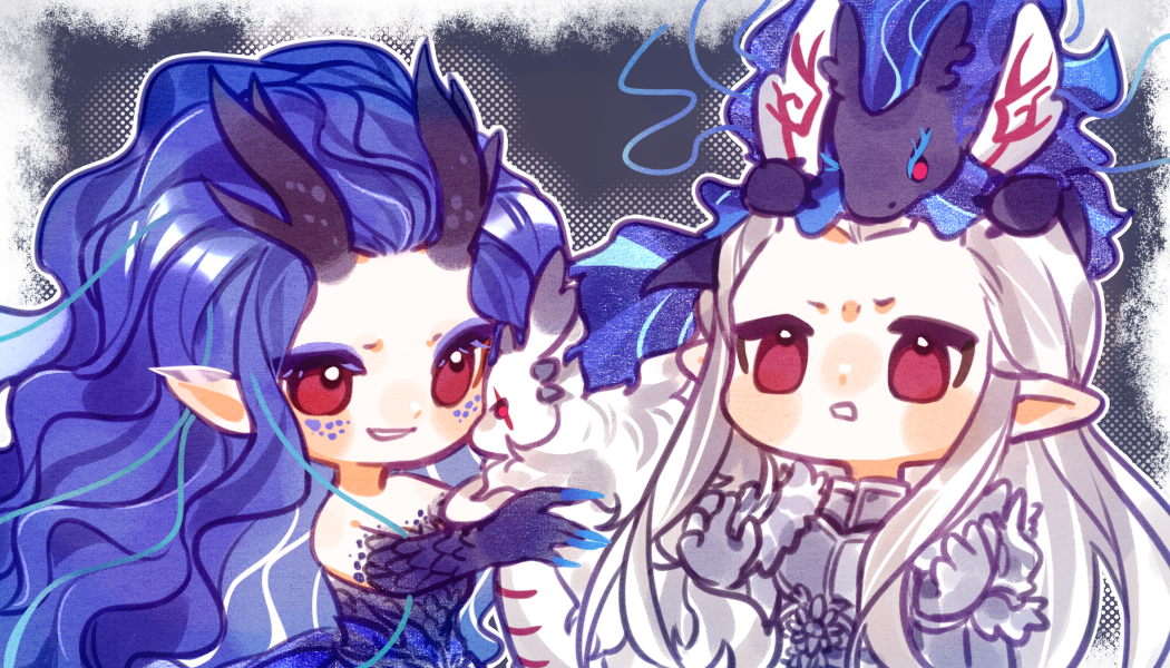 1boy, 1girl, ao_guang_(nezha_zhi_motong_jiangshi), ao_run_(nezha_zhi_motong_jiangshi), blue_hair, brother_and_sister, dragon_boy, dragon_girl