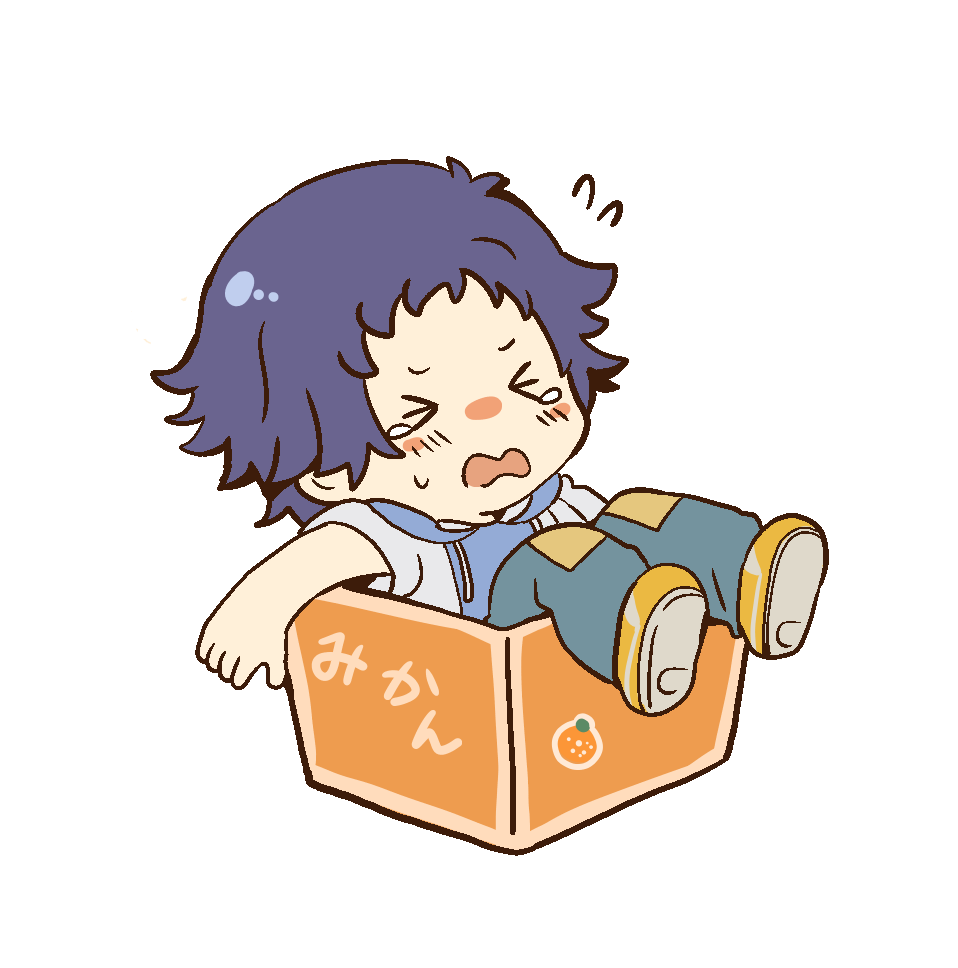 >_<, 1boy, blue_hair, blue_jacket, blush, box, cardboard_box, chibi