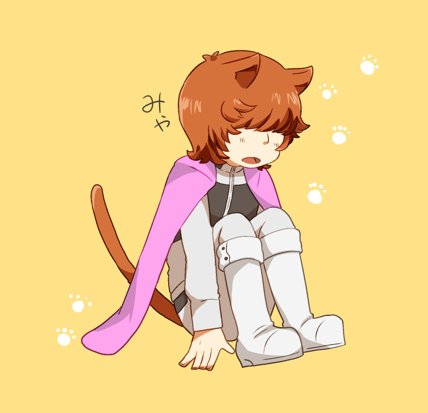 1boy, animal_ears, boots, brown_hair, cape, cat_boy, cat_ears, cat_tail