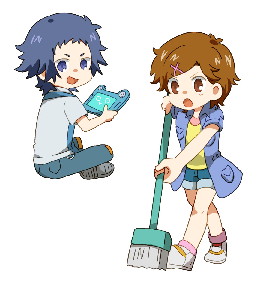 1boy, 1girl, blue_eyes, blue_hair, blue_jacket, blue_pants, blue_shorts, broom