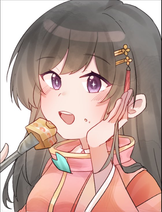 1girl, black_hair, blush, cake, eating, food, hair_ornament, heaven_burns_red