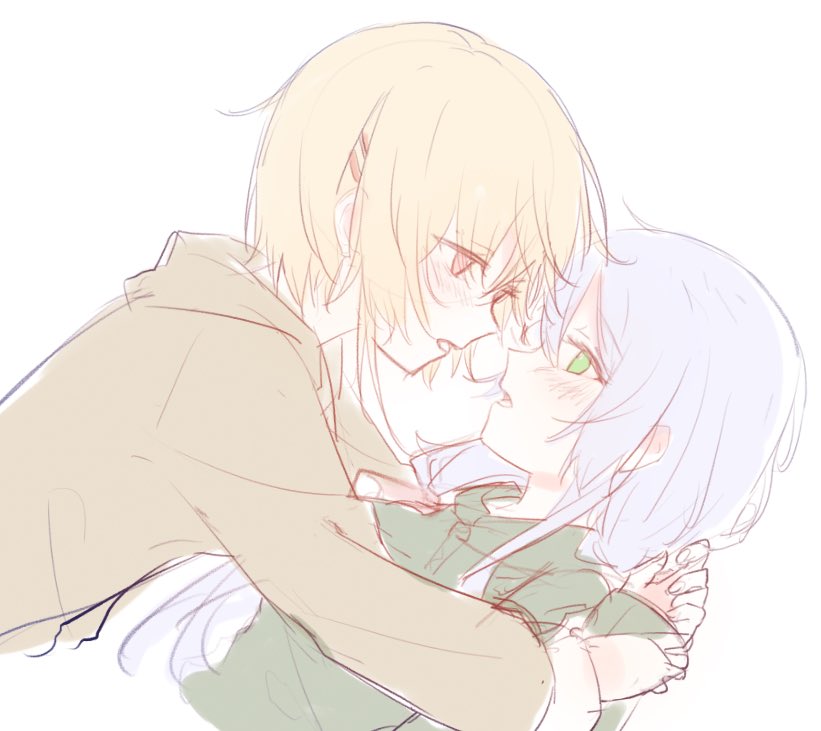 2girls, blonde_hair, face-to-face, green_eyes, grey_hair, hair_ornament, hair_over_one_eye, hair_over_shoulder, hairclip, heaven_burns_red, izumi_yuki, kayamori_ruka, long_hair, low-tied_long_hair, multiple_girls, pajamas, round_eyewear, short_hair, utsuru_515, yuri