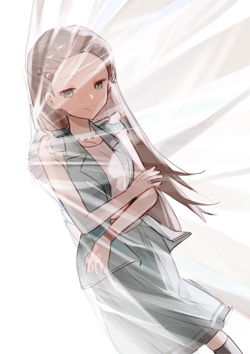 1girl, aqua_eyes, bangs_pinned_back, brown_hair, fish_hair_ornament, forehead, hair_ornament, heaven_burns_red