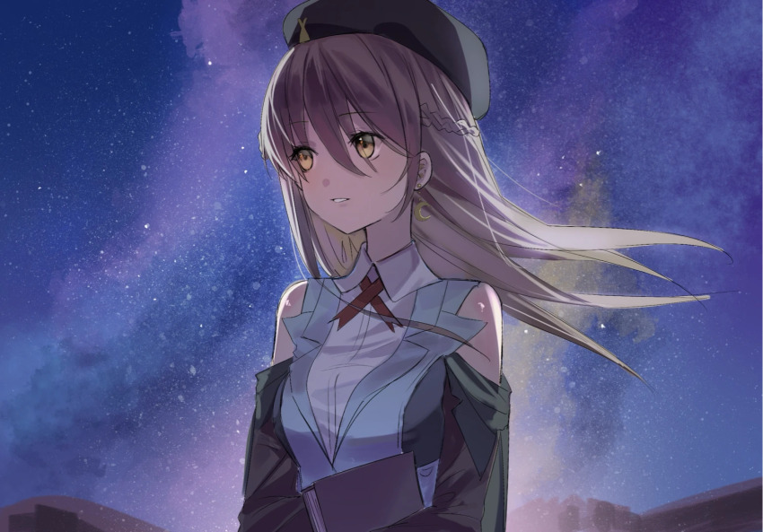 1girl, beret, braid, breasts, brown_hair, crescent, crescent_earrings, earrings