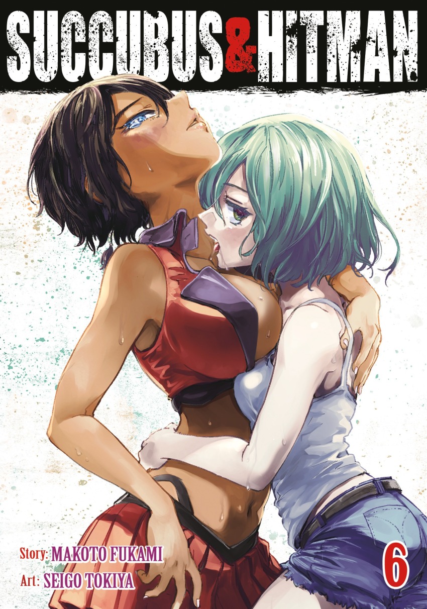 2girls, arched_back, artist_name, bare_shoulders, belt, blue_eyes, blush, breast_press, breasts, brown_eyes, brown_hair, cover, cover_page, crop_top, dark-skinned_female, dark_skin, drooling, eyelashes, female_focus, from_side, green_hair, hair_between_eyes, hand_on_another's_back, hand_on_another's_waist, high_collar, highleg, highleg_panties, highres, large_breasts, licking, licking_another's_chest, lips, looking_at_viewer, manga_cover, medium_breasts, multiple_girls, navel, official_art, open_mouth, panties, pleated_skirt, red_skirt, short_hair, short_shorts, shorts, skirt, sleeveless, succubus_&amp;_hitman, sweat, sweatdrop, tank_top, tearing_up, tokiya_seigo, tongue, tongue_out, underwear, upper_body, white_tank_top, yuri