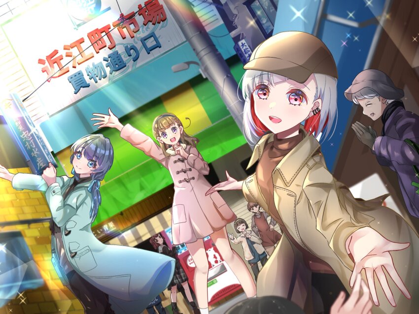 6+girls, apron, arm_up, black_gloves, black_scarf, blue_coat, blue_eyes, blue_ribbon