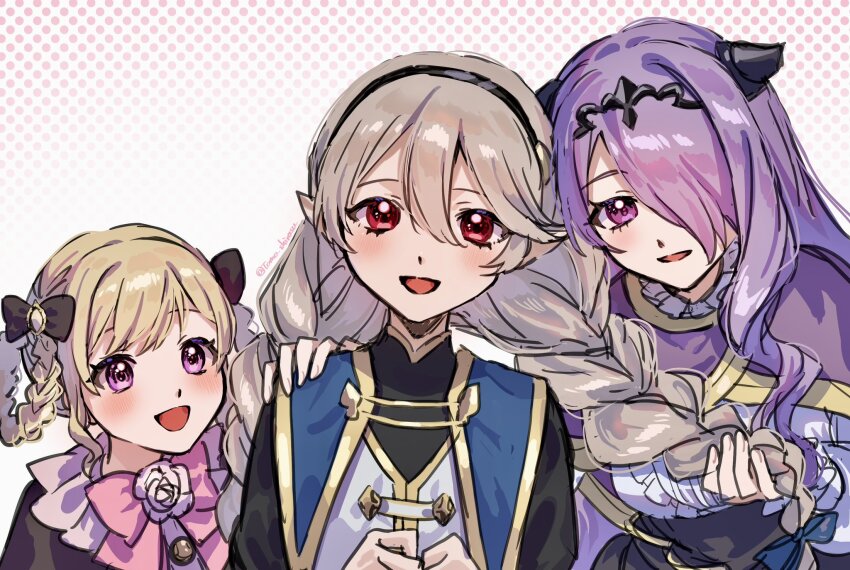 aged_down, black_dress, black_hairband, black_ribbon, blonde_hair, braid, braided_twintails, brooch