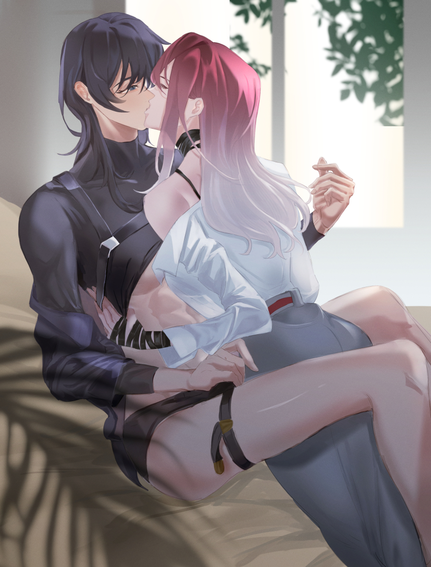 2girls, abs, absurdres, between_legs, black_eyes, black_hair, black_shirt, bra_strap, breasts, chief_(path_to_nowhere), chinese_commentary, clothes_lift, commentary_request, eateatcookie, female_chief_(path_to_nowhere), gradient_hair, grey_skirt, highres, indoors, kiss, long_hair, long_sleeves, multicolored_hair, multiple_girls, muscular, muscular_female, off_shoulder, path_to_nowhere, red_hair, shalom_(path_to_nowhere), shirt, shirt_lift, skirt, thigh_strap, underboob, white_hair, white_shirt, yuri